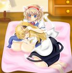  alice_margatroid animal_ears apron bad_id bad_pixiv_id barefoot blonde_hair blush braid chi-chi closed_eyes couple hairband kemonomimi_mode kirisame_marisa long_hair lying_on_lap multiple_girls no_hat no_headwear short_hair side_braid smile tail touhou waist_apron yellow_eyes yuri 