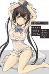  arms_up bare_legs barefoot bdsm black_hair blue_eyes bondage bound bound_wrists breasts cleavage dress dungeon_ni_deai_wo_motomeru_no_wa_machigatteiru_darou_ka gloves hair_ribbon hestia_(danmachi) highres large_breasts long_hair looking_at_viewer norakon rei_no_himo ribbon sketch solo translated twintails white_gloves 