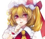  ascot bad_id bad_pixiv_id blonde_hair blush daimaou_ruaeru dress face flandre_scarlet hat looking_at_viewer mob_cap pink_eyes puffy_short_sleeves puffy_sleeves red_dress shirt short_sleeves side_ponytail smile solo touhou upper_body wrist_cuffs 