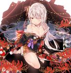  bad_id bad_pixiv_id breasts cleavage dsmile eyes_visible_through_hair flower hair_flower hair_ornament hair_over_one_eye japanese_clothes kimono lace lace-trimmed_kimono long_hair long_sleeves medium_breasts off_shoulder original red_eyes short_kimono side_slit silver_hair sitting solo spider_lily very_long_hair very_long_sleeves 