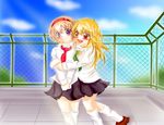  alice_margatroid bad_id bad_pixiv_id blonde_hair blue_eyes blush braid chi-chi contemporary couple hairband hug kirisame_marisa kneehighs long_hair miniskirt multiple_girls necktie no_hat no_headwear open_mouth school_uniform short_hair side_braid skirt smile touhou yellow_eyes yuri 