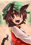  :d animal_ears brown_eyes brown_hair cat_ears cat_tail chen fang fangs from_side hair_between_eyes harusame_(unmei_no_ikasumi) hat jewelry long_sleeves looking_at_viewer looking_to_the_side mob_cap multiple_tails nekomata open_mouth short_hair single_earring smile solo tail teeth tongue touhou two_tails upper_body 