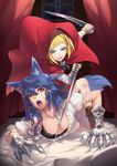  animal_ears big_bad_wolf_(grimm) blonde_hair blue_eyes blue_hair brass_knuckles breasts churayuki claws downblouse gauntlets grimm's_fairy_tales highres hood large_breasts little_red_riding_hood little_red_riding_hood_(grimm) long_hair multiple_girls original red_eyes short_hair weapon 