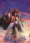  absurdres ahoge bare_shoulders blue_eyes boots breasts brown_hair cannon cowboy_shot double_bun dripping hairband headgear highres kantai_collection kongou_(kantai_collection) large_breasts light_smile long_hair looking_at_viewer mecha_musume nontraditional_miko outdoors pleated_skirt reflection ribbon-trimmed_sleeves ribbon_trim see-through skirt solo standing sun sunlight sunset thigh_boots thighhighs turret wading wet wet_clothes zhujun0431 