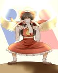  angel_wings ascot bobby_socks bow brown_hair covered_face detached_sleeves hair_bow hair_tubes hakurei_reimu halo highres indo_(mdtanaka2007) long_hair long_skirt mary_janes midriff navel red_skirt shoes skirt socks solo spread_legs squatting surreal toilet_paper touhou what wings 