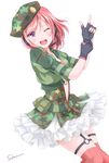  ;d bad_id bad_pixiv_id beret camouflage camouflage_hat camouflage_skirt fingerless_gloves frills gloves hat headset love_live! love_live!_school_idol_festival love_live!_school_idol_project nishikino_maki one_eye_closed open_mouth print_hat purple_eyes red_hair shino_(shinderera) short_hair skirt smile solo star star_print thighhighs zettai_ryouiki 