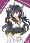  black_hair breasts chize cosplay fingerless_gloves gloves headgear isokaze_(kantai_collection) kantai_collection large_breasts long_hair nagato_(kantai_collection) nagato_(kantai_collection)_(cosplay) oversized_clothes panties red_eyes solo underwear 