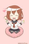  :d ^_^ anchor_symbol baby_bottle black_legwear black_skirt bottle brown_hair closed_eyes facing_viewer fang hair_ornament hairclip highres ikazuchi_(kantai_collection) kantai_collection long_sleeves mae_(maesanpicture) neckerchief open_mouth pleated_skirt rattle red_neckwear school_uniform serafuku short_hair skirt smile solo thighhighs twitter_username 
