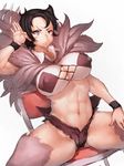  abs beowulf_(skullgirls) black_eyes black_hair breasts cape chair covered_nipples folding_chair fumio_(rsqkr) genderswap genderswap_(mtf) large_breasts looking_at_viewer muscle muscular_female raised_eyebrow short_hair short_shorts shorts skullgirls solo suspenders the_hurting thick_thighs thighs 