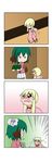  &gt;_&lt; ._. /\/\/\ 0_0 2girls 4koma absurdres animal_ears apron blonde_hair bow bowtie carrying chibi closed_eyes comic crying fairy_wings flying_teardrops green_hair hat hat_removed headwear_removed highres kasodani_kyouko lily_white minigirl multiple_girls open_mouth rakugaki-biyori scroll shirt silent_comic skirt surprised touhou walking wavy_mouth wings 