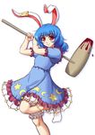  ambiguous_red_liquid animal_ears bloomers blue_dress blue_hair bunny_ears crescent dress ear_clip kine looking_at_viewer mallet mazume ponytail puffy_short_sleeves puffy_sleeves red_eyes seiran_(touhou) short_hair short_sleeves simple_background skirt smile solo stain star touhou underwear weapon white_background white_legwear 