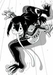  :&gt; all_fours asui_tsuyu belt bodysuit boku_no_hero_academia eyelashes flexible frog_girl gloves legs_apart long_hair long_tongue low-tied_long_hair monochrome o_den shadow solo tongue tongue_out 