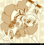  :o alternate_costume alternate_hairstyle commentary_request cosplay crab hair_ribbon hiyou_(kantai_collection) hiyou_(kantai_collection)_(cosplay) kantai_collection looking_at_viewer machinery magatama monochrome numbered oboro_(kantai_collection) ribbon scroll short_hair short_twintails skirt solo sumeragi_hamao twintails twitter_username v-shaped_eyebrows yellow 