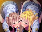  2girls all_fours blonde_hair blush brown_hair censored disembodied_penis fellatio game_cg kedama_keito legs long_hair looking_at_viewer mosaic_censoring multiple_girls open_mouth oral panties penis pink_eyes red_eyes saliva school_uniform seiso_na_jk_ni_biyaku_mamire_no_chinpo_wo_sokuhame_shitara_ore_no_seieki_benki_ni_natta! short_hair skirt sweat thighs tongue underwear 