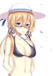  3: anchor_hair_ornament arms_behind_back bare_shoulders bespectacled bikini black_bikini blonde_hair blue_eyes blush breasts cleavage glasses hair_ornament hat kantai_collection long_hair low_twintails medium_breasts navel prinz_eugen_(kantai_collection) red-framed_eyewear seedkeng simple_background solo sun_hat swimsuit twintails upper_body white_background 