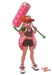  baseball_cap bike_shorts bracelet breasts colo_(nagrolaz) crop_top crop_top_overhang dark_skin domino_mask fang full_body grin hat highres inkling jewelry long_hair mask md5_mismatch midriff monster_girl navel oversized_object paint_roller pink_eyes pink_hair pointy_ears shirt shoes small_breasts smile sneakers solo splat_roller_(splatoon) splatoon_(series) splatoon_1 t-shirt tentacle_hair wristband 