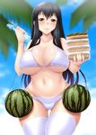  akagi_(kantai_collection) ayato bikini blue_sky blurry blush breasts cloud curvy day depth_of_field food fruit highres kantai_collection large_breasts long_hair looking_at_viewer net palm_branch ramune sky solo swimsuit takoyaki very_long_hair watermelon white_legwear yakisoba 