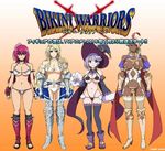  4girls armor bikini bikini_warriors blonde_hair blue_eyes breasts brown_eyes cleavage dark_elf dark_elf_(bikini_warriors) dark_skin elf fighter_(bikini_warriors) gauntlets greaves hat large_breasts long_hair mage_(bikini_warriors) multiple_girls paladin_(bikini_warriors) pink_eyes pink_hair pointy_ears purple_eyes purple_hair short_hair swimsuit thighhighs title witch_hat 