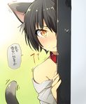  animal_ears aobe_mahito bare_shoulders black_hair blush cat_ears cat_tail catboy collar looking_at_viewer male_focus original otoko_no_ko short_hair slit_pupils solo tail translated wavy_mouth yellow_eyes 
