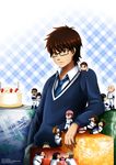  6+boys absurdres ace_of_diamond artist_name bald book brown_hair cake character_request chibi copyright copyright_name digital_media_player earbuds earphones food furuya_satoru glasses green_hair highres isashiki_jun kanemaru_shinji kataoka_tesshin kawakami_norifumi kominato_haruichi kominato_ryousuke light_brown_hair male_focus miyuki_kazuya multiple_boys necktie pink_hair plaid plaid_background sawamura_eijun sunglasses takashima_rei takigawa_chris_yuu tanba_kouichirou watermark yuminari 