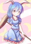  absurdres ambiguous_red_liquid animal_ears arm_behind_back blue_hair bunny_ears collarbone crescent dior-zi highres kine looking_at_viewer red_eyes seiran_(touhou) short_hair short_sleeves skirt skirt_set smile solo stain star star_print touhou twintails 