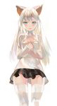  animal_ears aoin ass_visible_through_thighs blue_eyes breasts cleavage copyright_request from_below hands_on_own_chest highres long_hair meme_attire miniskirt open-chest_sweater parted_lips skirt small_breasts solo sweater thighhighs white_hair white_legwear 