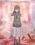  absurdres akbskenmb48-40 bangs blood boxcutter brown_hair curtains cuts empty_eyes failure_penguin highres injury jitome kantai_collection long_hair looking_at_viewer no_shoes ooi_(kantai_collection) room school_uniform serafuku skirt socks window yandere 