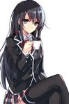  aosaki_yukina black_hair black_legwear crossed_legs cup hair_ribbon looking_at_viewer miniskirt parted_lips ribbon school_uniform simple_background skirt solo teacup thighhighs white_background yahari_ore_no_seishun_lovecome_wa_machigatteiru. yukinoshita_yukino zettai_ryouiki 