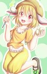  absurdres animal_ears blonde_hair bunny_ears collarbone dango dior-zi eighth_note flat_cap floppy_ears folded_leg food green_background hat highres jumping looking_at_viewer mary_janes midriff musical_note navel open_mouth orange_shirt red_eyes ringo_(touhou) shirt shoe_ribbon shoes short_hair shorts skewer solo touhou wagashi 