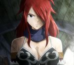  1girl breasts cleavage erza_knightwalker erza_scarlet fairy_tail female hair_over_one_eye highres large_breasts long_hair red_hair scarf screencap serious solo stitched 