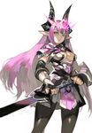  aoin borrowed_character breasts cleavage cleavage_cutout gauntlets highres horns large_breasts long_hair original pantyhose pauldrons pointy_ears purple_hair solo sword thighhighs weapon yellow_eyes 