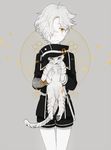  animal cub gokotai gokotai's_tigers hat holding holding_animal male_focus military military_uniform monochrome o-ishi shorts spot_color tiger tiger_cub touken_ranbu uniform white_tiger yellow_eyes 