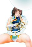  ass_visible_through_thighs band_uniform bangs blush breasts brown_hair double-breasted enshinryoku_(ticktack) gloves hand_up hibike!_euphonium highres instrument invisible_chair long_hair looking_at_viewer medium_breasts miniskirt multicolored multicolored_clothes multicolored_skirt nagase_riko nose_blush open_mouth orange_eyes parted_lips simple_background sitting skirt sleeveless solo sousaphone spread_legs sweat taut_clothes thighs uniform white_background white_gloves 