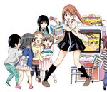  :d ^_^ age_difference aho_girl akutsu_ruri arcade black_hair blush book braid brown_eyes brown_hair card casual child closed_eyes colored_stripes commentary_request hanabatake_yoshiko hiroyuki kneehighs leggings loafers long_hair low_twintails multiple_girls official_art open_mouth pants pantyhose school_uniform shirt shoes short_hair skirt smile striped striped_legwear striped_shirt sweatdrop twin_braids twintails 