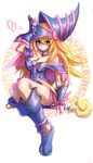  bare_shoulders blonde_hair blue_footwear blush_stickers boots breasts cleavage dark_magician_girl deluxe&lt;&lt;&lt; green_eyes hat heart highres large_breasts long_hair looking_at_viewer pentacle sitting solo staff wizard_hat yuu-gi-ou yuu-gi-ou_duel_monsters 