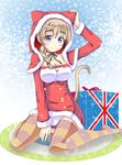  animal_ears animal_hood blue_eyes box braid breasts brown_hair cat_ears cat_hood cat_tail cleavage gift gift_box hair_over_shoulder hair_ribbon hood large_breasts long_hair looking_at_viewer lynette_bishop panties pantyshot pantyshot_(sitting) red_liquid_(artist) ribbon santa_costume single_braid sitting smile snow snowflakes snowing solo strike_witches striped striped_legwear tail thighhighs underwear union_jack wariza white_panties world_witches_series 