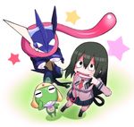  1girl artist_request asui_tsuyu black_hair boku_no_hero_academia crossed_arms crossover fins frog frog_eyes greninja highres keroro keroro_gunsou looking_at_viewer lppletwo mouth_pull pokemon school_uniform star tongue tongue_out 