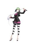  bangs breasts capri_pants cropped_jacket french-bread full_body green_hair hairband headphones high_heels leggings light_green_hair no_socks official_art pants phonon_(under_night_in-birth) short_hair skirt skirt_set small_breasts solo striped striped_legwear under_night_in-birth under_night_in-birth_exe:late[st] whip yoshihara_seiichi 