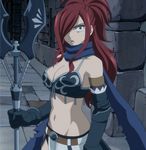  1girl armor bare_shoulders breasts cleavage erza_knightwalker erza_scarlet fairy_tail female hair_over_one_eye highres large_breasts long_hair navel red_hair scarf screencap serious solo spear stitched surprised 