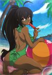  ahoge anklet ass back ball barefoot beach beachball black_hair border borrowed_character cyron_tanryoku dark_skin feet food from_behind full_body glasses green-framed_eyewear green_swimsuit highres huge_ahoge jewelry kneeling long_hair looking_back one-piece_swimsuit original ponytail popsicle red_eyes semi-rimless_eyewear soles solo spike_wible swimsuit toes tongue tongue_out under-rim_eyewear very_dark_skin very_long_hair 