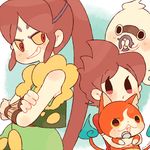  amano_keita artist_name black_eyes brown_hair cat chiyoko_(oman1229) crossed_arms fangs ghost grin hands_over_mouth haramaki jibanyan long_hair looking_back multiple_boys multiple_tails notched_ear oogama_(youkai_watch) open_mouth ponytail purple_lips red_eyes red_shirt shirt short_hair smile tail two_tails very_long_hair whisper_(youkai_watch) yellow_sclera youkai youkai_watch 
