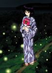  bishoujo_senshi_sailor_moon black_hair bug fan firefly full_body geta grass hino_ryutaro insect japanese_clothes kimono night object_namesake outdoors paper_fan purple_eyes sandals short_hair smile solo standing toes tomoe_hotaru uchiwa yukata 