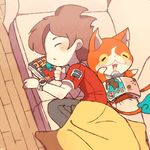  amano_keita blanket blue_fire brown_hair cat chiyoko_(oman1229) closed_eyes couch fire from_above indoors jibanyan lying multiple_tails notched_ear on_back on_side open_mouth red_shirt shirt short_hair sleeping tail tail-tip_fire two_tails watch wooden_floor youkai youkai_watch youkai_watch_(object) 