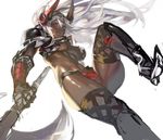  aoin armor axe bikini_armor borrowed_character breasts cleavage dark_skin gauntlets highres horns large_breasts lips long_hair original panties pauldrons red_eyes shiny shiny_skin sketch solo thighhighs thighs underboob underwear weapon white_hair 