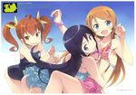  :d absurdres aragaki_ayase ass bikini bikini_skirt black_hair blue_eyes blush brown_eyes brown_hair competition_school_swimsuit fang hair_ornament hairclip highres hug kanzaki_hiro kousaka_kirino kurusu_kanako long_hair multiple_girls official_art one-piece_swimsuit open_mouth ore_no_imouto_ga_konna_ni_kawaii_wake_ga_nai plaid plaid_bikini ribbon school_swimsuit scrunchie smile striped striped_bikini striped_swimsuit swimsuit twintails wrist_scrunchie 