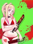  bad_id bad_tumblr_id bags_under_eyes bandaid bandaid_on_nose bikini blonde_hair blood blood_splatter bloody_weapon breasts chainsword collar cowboy_shot ear_piercing gradient_hair green_background greenmarine highres jeanne_(greenmarine) lips lipstick long_hair looking_at_viewer makeup multicolored_hair navel navel_piercing nosebleed original piercing pink_hair pointy_ears red_bikini red_eyes short_sword small_breasts solo swimsuit sword twintails weapon 