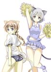  ahoge animal_ears armpits blue_eyes braid brown_hair buruma cat_ears cat_tail cheerleader gym_uniform highres looking_at_viewer lynette_bishop multiple_girls pom_poms purple_eyes red_liquid_(artist) sanya_v_litvyak silver_hair strike_witches sweatdrop tail volleyball world_witches_series 