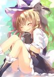  black_dress bow braid cat closed_eyes dress fang hat hat_bow jin_rikuri kirisame_marisa long_hair open_mouth puffy_short_sleeves puffy_sleeves shirt short_sleeves single_braid sitting smile solo thighs touhou white_bow witch_hat 