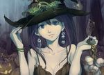  2014 bare_shoulders blue_eyes bone breasts brown_hair cleavage earrings fish_bone garlic halloween hat jack-o'-lantern jewelry large_breasts lips long_hair original pumpkin skull skull_earrings solo tennohi upper_body witch witch_hat 