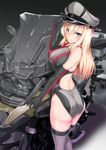  8000 adapted_costume ass bismarck_(kantai_collection) blonde_hair blue_eyes breasts competition_swimsuit elbow_gloves gloves ground_vehicle hat highleg highleg_swimsuit highres kantai_collection large_breasts long_hair motor_vehicle motorcycle one-piece_swimsuit peaked_cap swimsuit thighhighs 